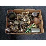 Two boxes of vintage car horns, metal ware,