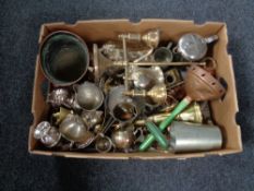 Two boxes of vintage car horns, metal ware,