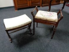 An Edwardian mahogany storage piano stool and a dressing table stool