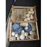 Two boxes of assorted glass ware, blue and white and other tea china, alabaster table lamp,