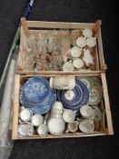 Two boxes of assorted glass ware, blue and white and other tea china, alabaster table lamp,