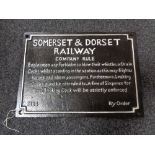 A metal Somerset and Dorset railway safety notice
