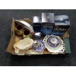 A box of china, Royal Doulton coaching scene sandwich plate, boxed Aynsley china,