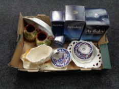 A box of china, Royal Doulton coaching scene sandwich plate, boxed Aynsley china,