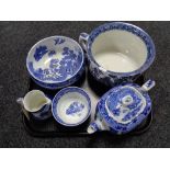 A tray of five pieces of Maling Willow pattern china, chamber pot, fruit bowl,