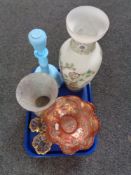 A tray of glass, carnival dishes, decanter,