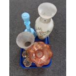 A tray of glass, carnival dishes, decanter,