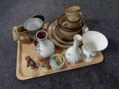 A tray of china, studio pottery jug, Hummel figure, goblet, Denby Savoy tea and dinner ware,