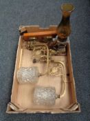 A box of wooden candle holder with glass chimney, barometer on board,