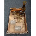 A box of wooden candle holder with glass chimney, barometer on board,