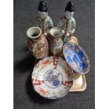 A tray of antique oriental china, Imari bowl, Kutani vase,