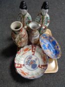 A tray of antique oriental china, Imari bowl, Kutani vase,