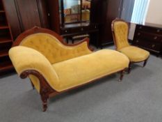 A late Victorian mahogany framed chaise and lady's chair in yellow button dralon