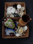 Two boxes of assorted china, West German vase, Staffordshire dogs,