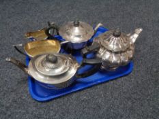 Two trays of twentieth century plated wares, wine coasters, tea ware,