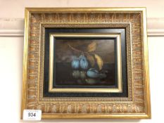 R. Berger : oil on panel , still life with fruit, signed, framed.