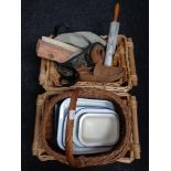 A quantity of wicker baskets, marble rolling pin, enamel dishes,