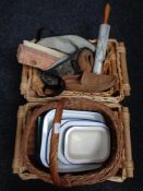 A quantity of wicker baskets, marble rolling pin, enamel dishes,