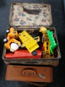 Two vintage luggage cases, toys,