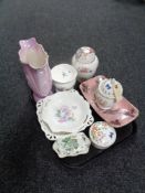 A tray of assorted china, Maling dish and vase,