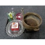 A tray of antique brass twin handled planter, assorted glass, boxed paperweight, glass bottles,