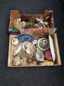 Two boxes of figurines, Buddha, Ringtons china, Spanish figure,