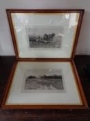 Two Edwardian framed monochrome engravings depicting farm scenes, signed in pencil.