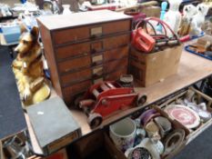 A box of hand tools, record wood working plane, trolley jack,