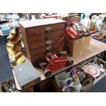 A box of hand tools, record wood working plane, trolley jack,