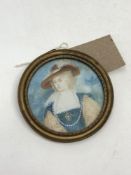 A hand painted portrait miniature depicting a lady wearing a hat, 6 cm x 6 cm.