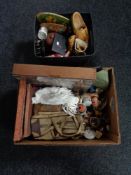 A box and basket of small display cabinet, vintage tin, canvas bag,