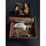 A box and basket of small display cabinet, vintage tin, canvas bag,