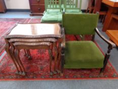 A nest of three walnut tables and an oak framed bedroom chair