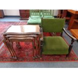 A nest of three walnut tables and an oak framed bedroom chair