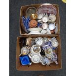 Two boxes of china, antique and later Chinese tea ware, teapots, copper food warmer,