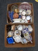 Two boxes of china, antique and later Chinese tea ware, teapots, copper food warmer,