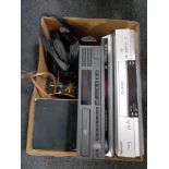 A box of Panasonic vcr, Sony cd player, Panasonic dvd,