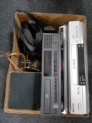 A box of Panasonic vcr, Sony cd player, Panasonic dvd,