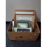 A box of assorted pictures and prints, Peter Wiggins oil on board of high level bridge,