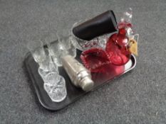 A tray of glass ware, whisky decanters, fruitbowl, Cranberry glass jug and bowl,
