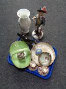 A tray of china, Beswick dog and horse, Maling brown chintz candlesticks,