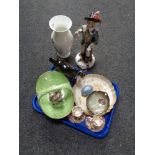 A tray of china, Beswick dog and horse, Maling brown chintz candlesticks,