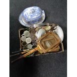 A box of glass ware, vintage tennis rackets, commemorative mugs, nineteenth century tureen,