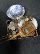 A box of glass ware, vintage tennis rackets, commemorative mugs, nineteenth century tureen,