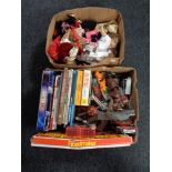 Two boxes of dolls, vintage annuals, toy guns,