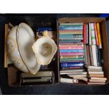 Two boxes of twentieth century hardbacked books, novels, Victorian wash jug and basin,