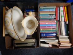 Two boxes of twentieth century hardbacked books, novels, Victorian wash jug and basin,
