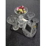 A tray of assorted glass ware, vases, decanters,