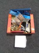 A box of assorted clocks and miscellaneous items