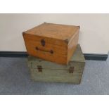 An oak storage box and an antique pine crate